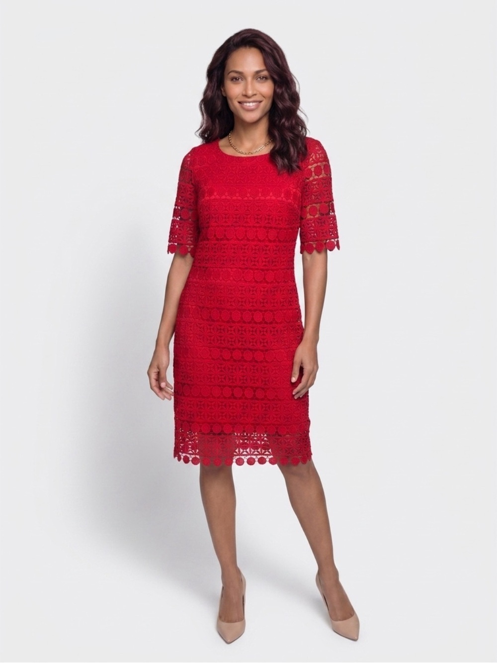 NWT SANDRA DARREN Red Lace Sheath Dress Short Sleeves Scalloped Hem Sz 8